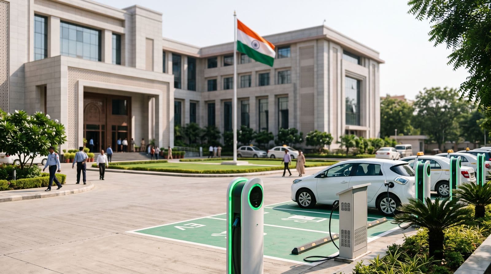 Public EV chargers in front of a government building with the Indian flag