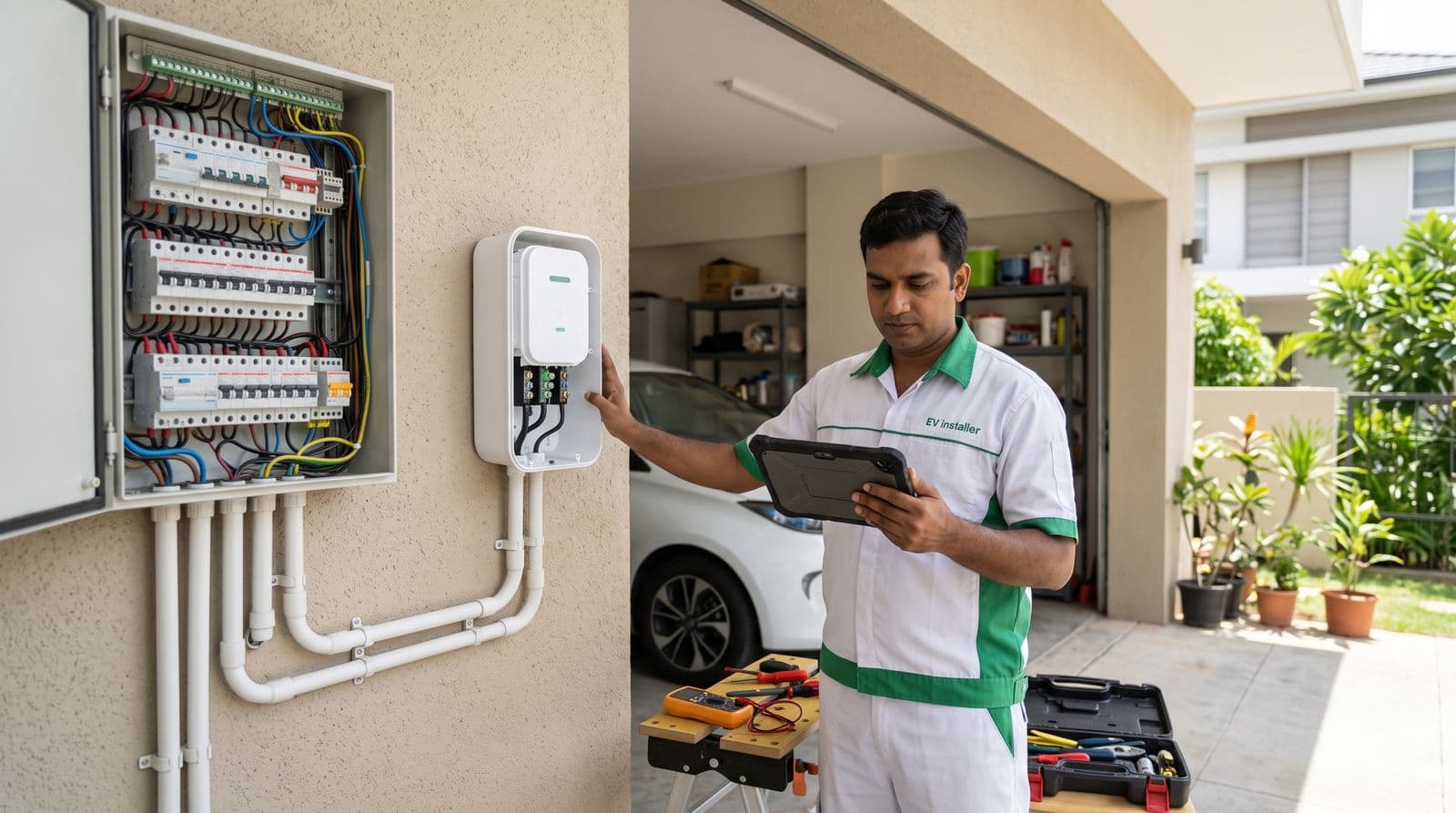 Electrician with a tablet beside a newly installed home EV charger and distribution board