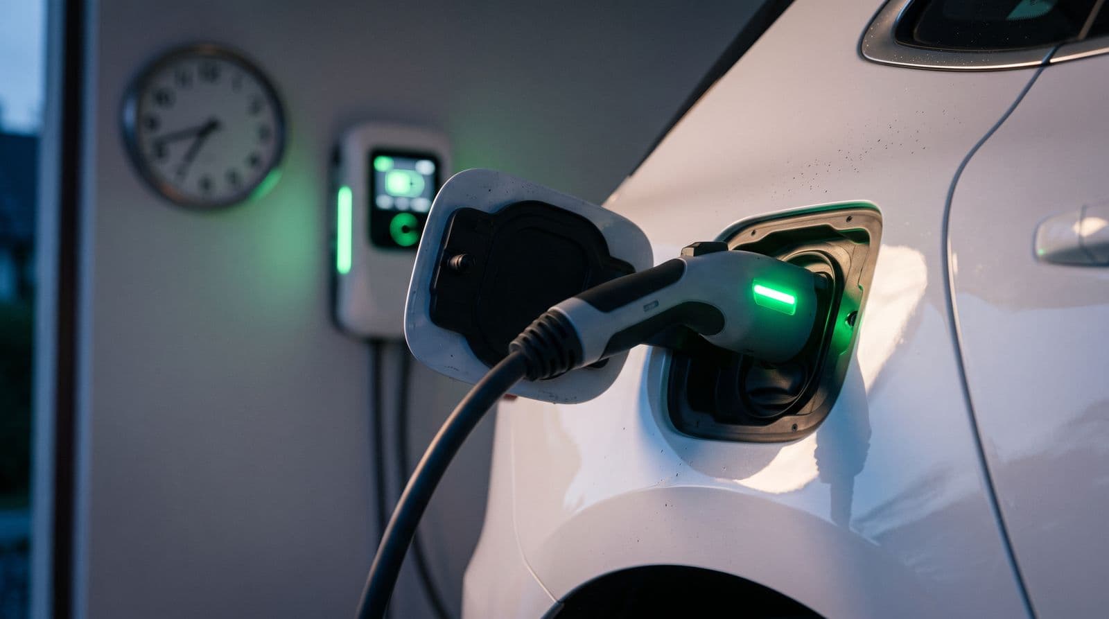 Charging connector glowing green in an electric car’s charging port, with a wall charger and clock behind