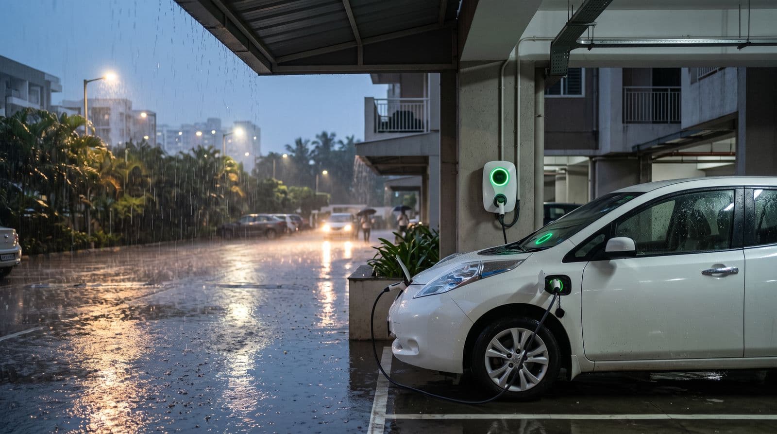 Electric car charging under a covered parking area during heavy monsoon rain